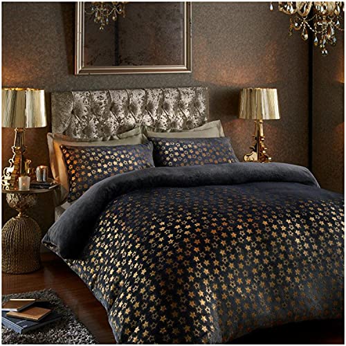 GC GAVENO CAVAILIA Teddy Fleece Star Foil Fitted Sheet, Super Soft Fluffy Cosy Warm Shiny Bedding & Bedsheet, 2 Piece Easy Care DuvetCover & Deep Elastic Band Bedlinen, Charcoal, Single Duvet Set