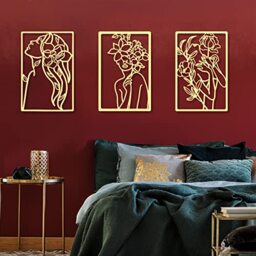 CHENGU Metal Wall Art (3 Pieces, Gold, Floral Style) - Minimalist Abstract Woman Line Drawing Wall Art Decor for Kitchen Bathroom Living Room