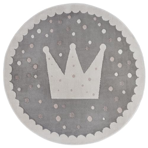 Hanse Home Adventures Children's Rug, Round, Crown Pattern Rug, Boys and Girls for Children's Room, Playroom, Teenager's Room, Living Room - Grey Cream, 140 cm