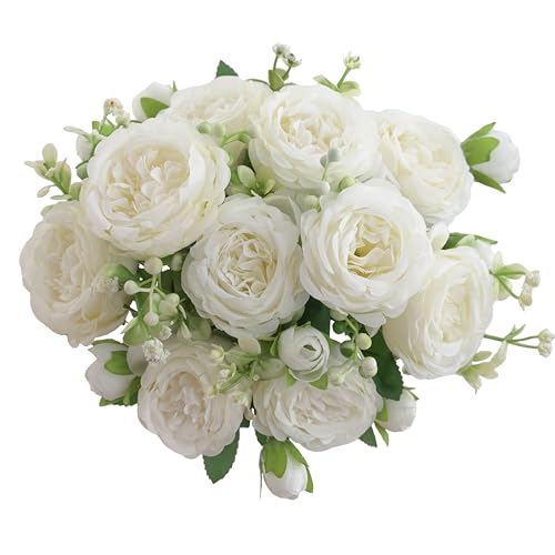 karoro 2 Packs Peonies Artificial Flowers, Silk Peonies White Flowers Fake Bouquet Faux Floral Arrangements for Dining Table Centerpieces Bridal Wedding Party Home Decor (2, White)