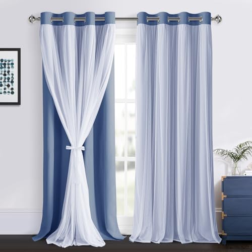 "DWCN Blue Blackout Curtains with Sheer Overlay with Tiebacks 96 Inch Long - Floor to Ceiling Double Layer Window Panels for Bedroom Living Room Drape, Grommet Top, 52"" Wx96"" L, Hazy Blue, Set of 2"