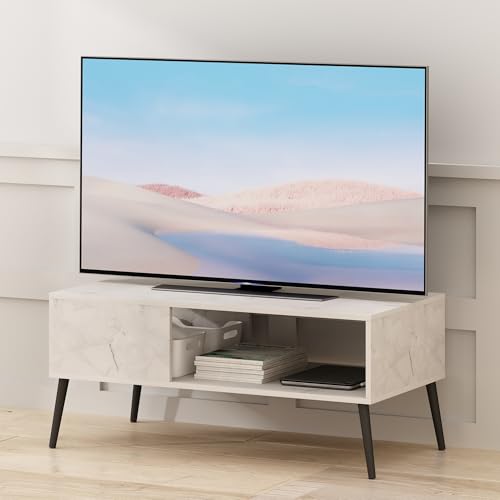 Furinno CLAUDE TV Stand, Mid Century Style Entertainment Center, TV Console for TV up to 40 Inch with Wood Legs, for Living Room, Bedroom, Marble White