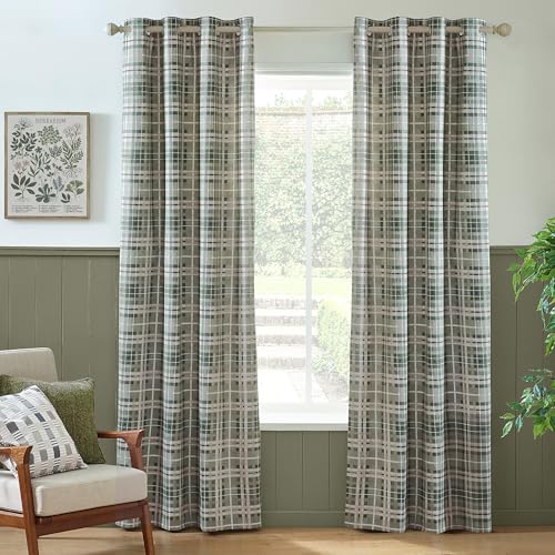Catherine Lansfield Cullen Thermal Check Brushed Cotton 46x54 Inch Eyelet Curtains Two Panels Green
