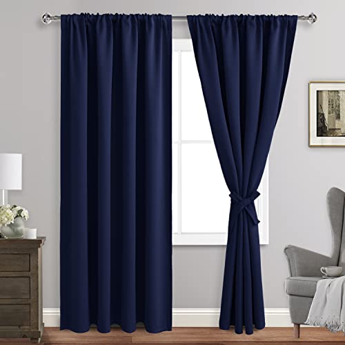 JIUZHEN Blackout Curtains for Bedroom - Thermal Insulated Room Darkening Rod Pocket Curtains for Living Room, Set of 2 Panels with Tiebacks, 42 x 84 Inch Length, Navy Blue