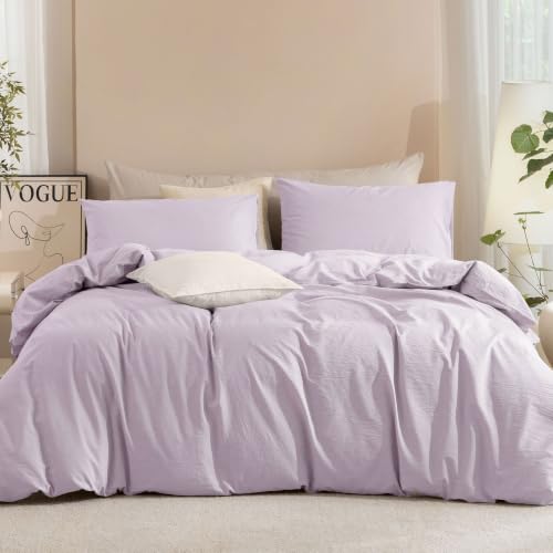 JIYUAN 100% Washed Cotton Duvet Cover Set 3 Pieces King, 1 Duvet Cover 104x90 Inches(Comforter Not Included) and 2 Pillowcases,Linen Like Comfy and Breathable,Heathered Light Purple