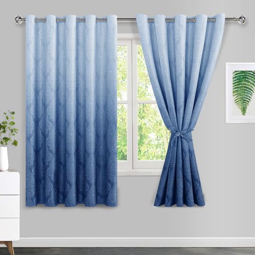 JIUZHEN Ombre Blackout Curtains for Bedroom - Damask Patterned Thermal Insulated Energy Saving Grommet Curtains for Living Room, Gradient Window Curtain Panels, Set of 2, 60 x 63 Inches, Navy Blue