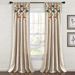 "Lush Decor Boho Pom Pom Tassel Linen Window Curtain Panel (Single Panel), 95"" L x 52"" W, Turquoise & Orange"
