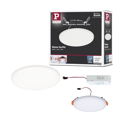 Paulmann 92391 LED Panel recessed luminaire Veluna VariFit IP44 Neutral White 125mm Round incl. 1x8.5 watt Ceiling luminaire Satin Ceiling lamp Plastic Living Room lamp 4000 K