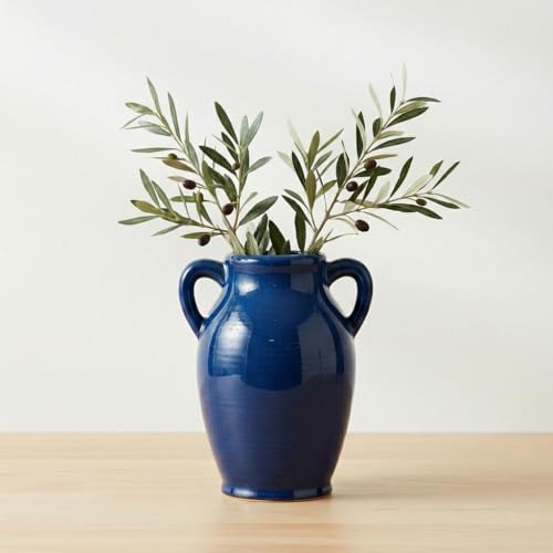8 inch Ceramic Blue Vase - Modern Decorative Vases with 2 Handles, Centerpieces, Living Room, Dining Table, Entryway, Office Decor
