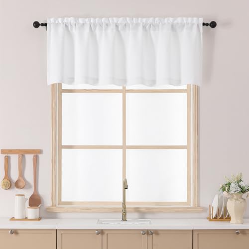 Chyhomenyc White Valance for Windows, Light Filtering Textured Small Kitchen Valance, Rod Pocket Top Window Short Curtain for Bathroom Basement Farmhouse, 60Wx20L Inch, 1 Panel