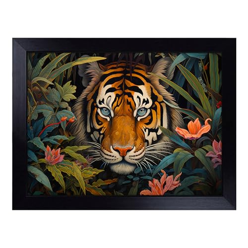 Lap Tray with Bean Bag Cushion, Tiger Art Deco - Handmade in the UK, Raised Wooden Edge, Padded Cushion, Heat-Resistant Wipe-Clean Surface, for Meals, Laptops and Crafts