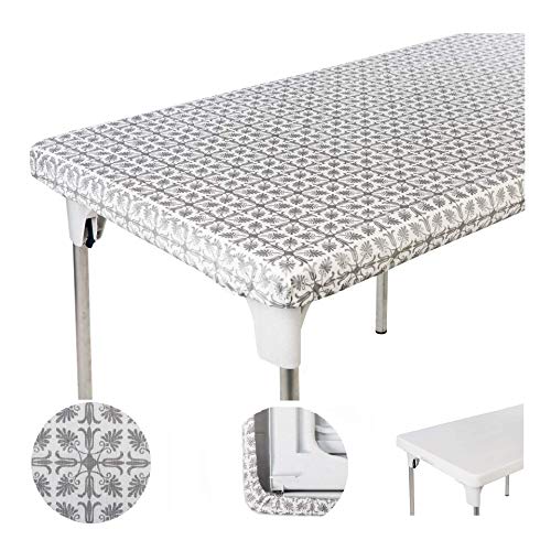 TopTableCloth Table Cover Silver Patterned Elastic on The Corner for Folding Table 6 ft 30 x 72 inch Waterproof Elastic Edge Fitted Stay Put Table Cloth for Travel Christmas Picnics Parties Outdoor