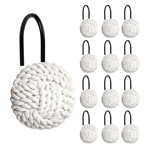 Sunlit Boho Knots Shower Curtain Hooks, Home Decorative White Shower Curtain Rings with Black Hooks for Bathroom, Seaside Nautical Shower Curtain Hangers Bathroom Accessories, Set of 12