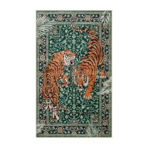 Moynesa Tiger 3x5 Washable Rug, Boho Area Rugs for Entryway, Green Non Slip Small Rug for Bedroom, Ultra Thin Botanical Soft Accent Carpet for Kitchen Entry Laundry Room