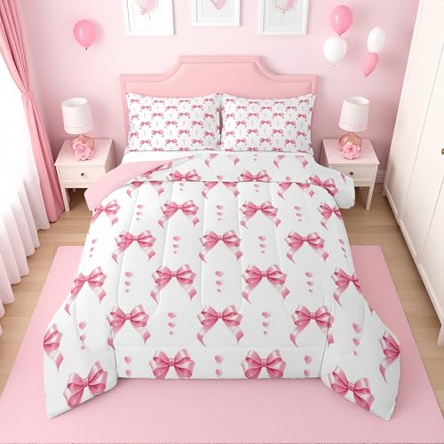 Erosebridal Girls Pink Bow Full Comforter Set - Cute Coquette Bowknot Bedding Sets for Kids Women, Princess Pink Ribbon Bow Tie Bed Set, Kawaii Preppy Bows Room Decor, 2 Pillowcases