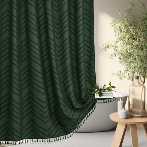Siiluminisoy Boho Shower Curtain with Tassel Woven Fabric Dark Green 72 x 72 Modern Farmhouse Textured Tufted Chevron Striped Minimalist Bathroom Shower Curtain Set with Hooks