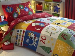 Bedlam Xmas Patch Advent' Calendar Face with Snowflakes on Red Ground Reverse Duvet Cover Set, Polyester-Cotton, Multicolour, Single