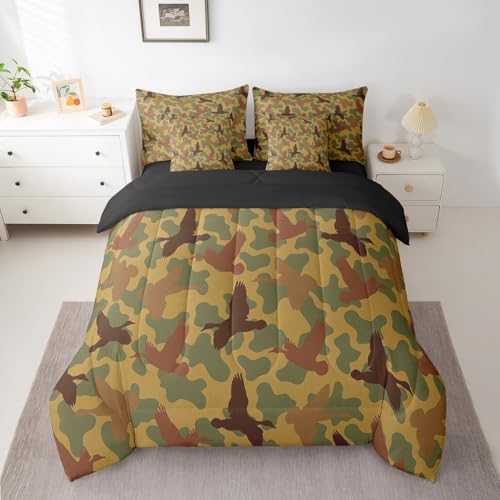 Feelyou Camouflage 7 Pieces Bedding Set Queen Size Duck and Camo Bedding Bed Set Set for Boys Teens Decor Duck Hunting Bed Set Includes Comforter, Sheet Set, Pillowcases Military Bedroom