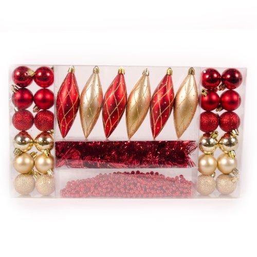 WeRChristmas 32-Piece Deluxe Variety Christmas Tree Baubles Decoration Pack with Tinsel and Beads, Red/Gold