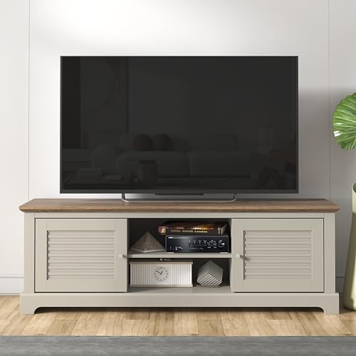 GFW Salcombe TV Unit with 2 Doors, 4 Drawers and Open Shelving, White Media Storage Cabinet for TVs, Modern Living Room Furniture Grey