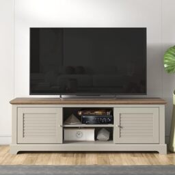GFW Salcombe TV Unit with 2 Doors, 4 Drawers and Open Shelving, White Media Storage Cabinet for TVs, Modern Living Room Furniture Grey