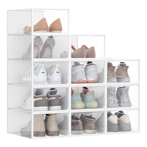 SONGMICS 12 pcs Clear Shoe Boxes, Easy Assembly, Fit up to UK Size 9, White - Shoe Storage, Stackable, Breathable, Foldable,DENNYS Collection LSP312W01