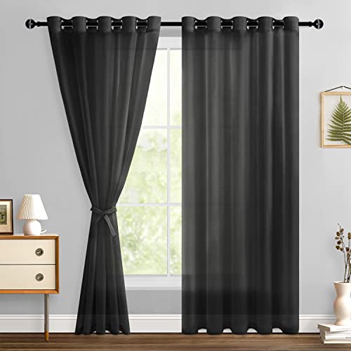 Hiasan Black Sheer Curtains for Bedroom with Tiebacks, Grommet Light Filtering Lightweight Extra Wide Voile Textured Window Curtains for Living Room, Sliding Door, W60 x L84, Set of 2 Drape Panels