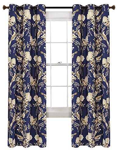 "Lush Decor, Navy and Taupe Farmhouse Bird and Flower Insulated Grommet Blackout Window Curtain Panel Pair, 84"" x 38"", 84 in x 38"