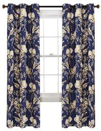 "Lush Decor, Navy and Taupe Farmhouse Bird and Flower Insulated Grommet Blackout Window Curtain Panel Pair, 84"" x 38"", 84 in x 38"