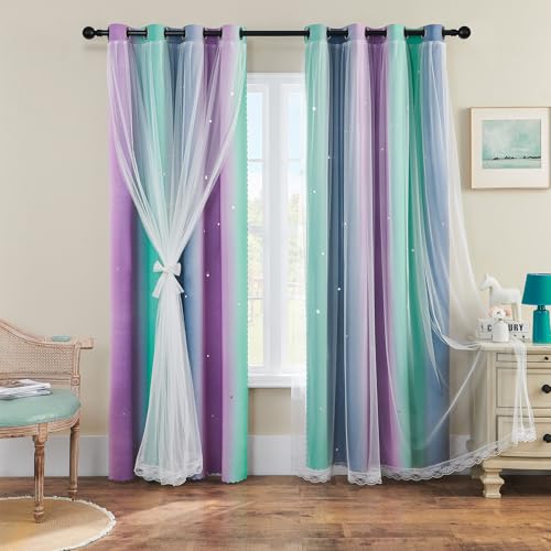 XiDi Purple Grey Green Short Curtains for Girls Bedroom 2 Panels Set, Rainbow Blackout Curtains for Kids Room Decor, Unicorn Wall Decals Drapes for Little Girl Nursery 45 Inches Long 52 Inches Wide
