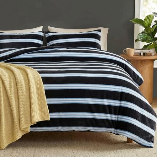 Bedbay Striped Comforter Set Queen Size Luxury Velvet Comforter Quilt Sets Soft Warm Velvet Fluffy Bedding 3 Pcs Blue Black Stripes Pattern Queen Bed Set for All Seasons