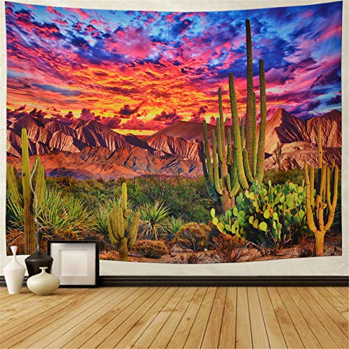 Generleo Mountain Desert Cactus Tapestry Sunset Clouds Psychedelic Tropical Plants Nature Scenery Wall Hanging for Bedroom Decor