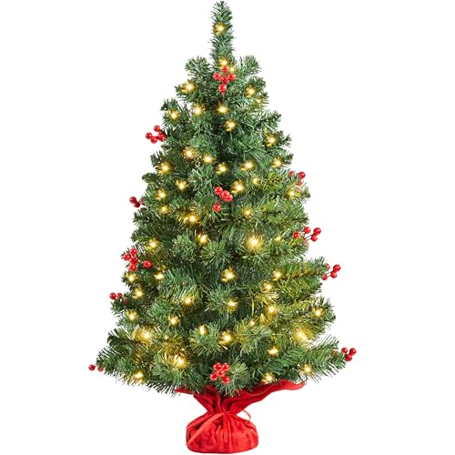 Yaheetech 1Pcs Frosted Christmas Tree, 50 Warm LED Lights, Berries, 3ft - 90cm Tabletop Artificial Xmas Tree - Stable Concrete Base - Red Berries - Festival & Home Decoration
