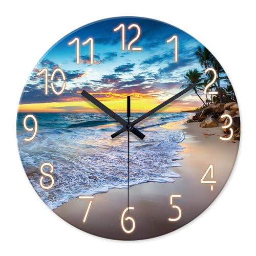 Constantplanet 24 Inch Glass Large Wall Clocks for Living Room Decor - Palm Tree Battery Wall Clock Modern - Coastal Blue Wall Clock Silent