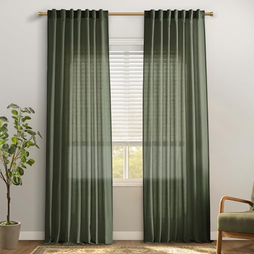PANELSBURG Lightweight Curtains Olive Green Bedroom,Semi Sheer Linen Window Pleated Back Tab Light Curtains for Living Room 96 Inch Length 2 Panel Sets with Hook