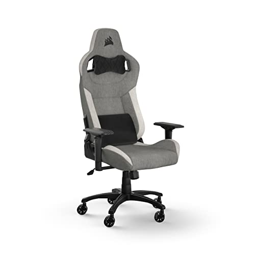Corsair T3 Rush Fabric Covered Gaming Chair (2023) - Racing Inspired Design - Soft Cover - Padded Neck Pillow - Memory Foam Lumbar Support - Grey and White