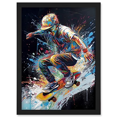 Artery8 Skateboarder Skating Multicoloured Splat Paint Artwork Framed Wall Art Print A4
