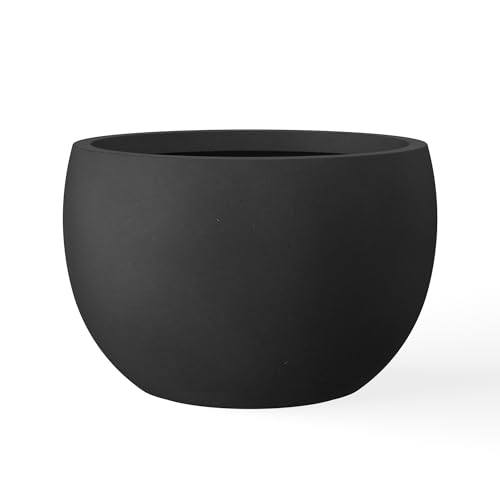"Kante Round Concrete Planter, Black, 19.9"" D - Rubber Plug for Indoor, Drainage for Garden, All-Weather Cement Tree Pot, Handcrafted, Anti-Frost & UV, Modern Home Decor"