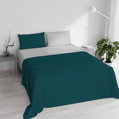 Double Bed Sheet Set, 100% Natural Cotton, Made in Italy – Complete Bed Set, Fitted Sheet, Top Sheet 240 x 300 cm and Pillowcases with Inner Flap, Petrol Green/Light Grey