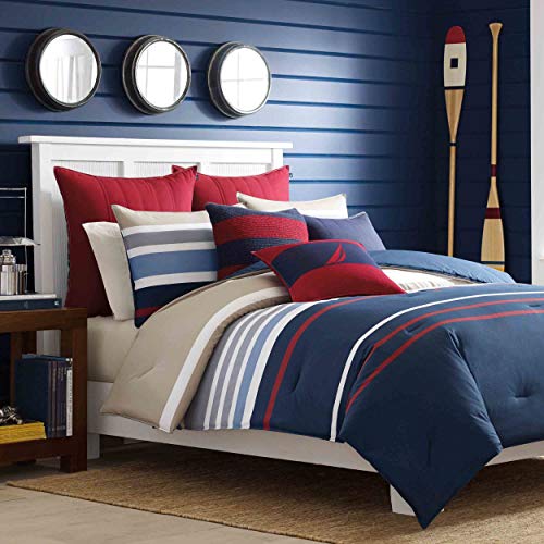Nautica Cotton Reversible Bedding with Button Closure, Stylish Home Decor, Bradford Navy/Khaki, Full/Queen