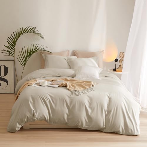 "AMWAN Soft Microfiber Beige Duvet Cover Twin Size - Boho Tan Bedding Set 3 Pieces, 68""x86"" Comforter Cover With 2 Pillowcases, Linen-Look With Zipper Closure"