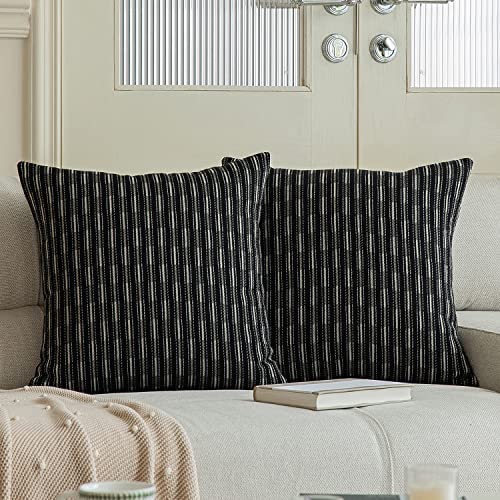 Kevin Textile Pack of 2 Farmhouse Decorative Throw Pillow Covers Boho Woven Texture Burlap Linen Cushion Cover Striped Pillowcase, Black 16 x 16 inches 40 x 40 cm