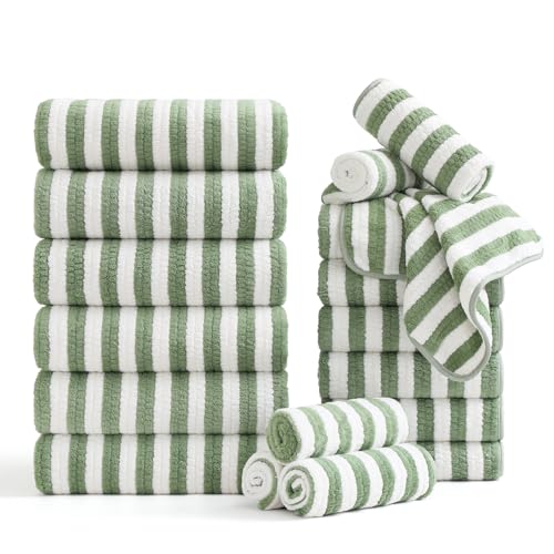 Smuge 18 Pcs Bath Towel Set, Include 6 Bath Towel Sheets, 6 Hand Towels and 6 Washcloths - Highly Absorbent Quick Dry Microfiber,Ultra Soft Bathroom Towel Set with Hanging Loop - Light Green
