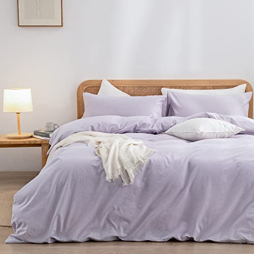 BESTOUCH Duvet Cover Set 100% Washed Cotton Linen Feel Super Soft Comfortable Chic Lightweight 3 PCs Home Bedding Set Solid Taro Purple Full/Double