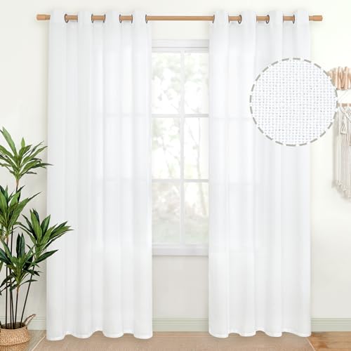 YoungsTex White Linen Curtains 84 Inches Long for Living Room with Grommet - Semi Sheer Drapes Light Filtering Window Treatments for Dining Bedroom, 52 X 84 Inch, 2 Panels