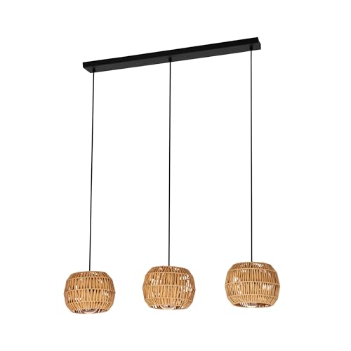 Eglo Pendant Lighting Sheldon, 3-Light Boho Hanging lamp for Dining Table, Ceiling Light Fitting Living Room, Raffia Paper lampshade, E27 Socket, 91 cm