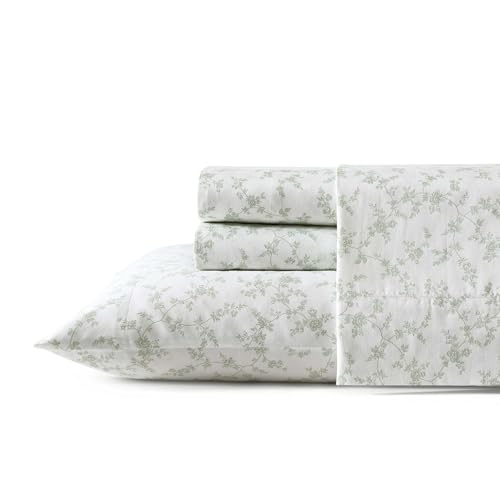 Laura Ashley - Queen Sheets, Soft Sateen Cotton Bedding Set, Sleek, Smooth, & Breathable Room Essentials (Fiona Green, Queen)