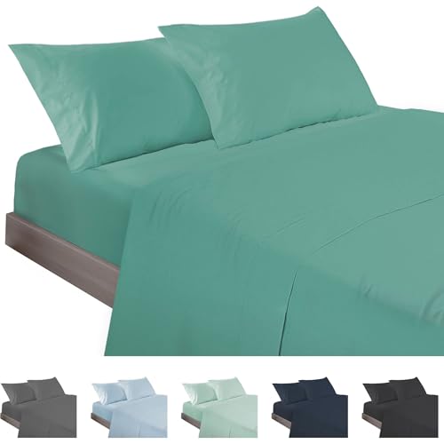 ECOMMERC3 - 4-Piece Sheet Set for 150cm Bed Made in Spain - Sheet Set with Fitted Sheet, Top Sheet and 2 Pillowcases 45 x 85 cm Aquamarine