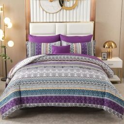Cottolester Boho Comforter Set Queen Size,8 Piece Bed in a Bag Bohemian Striped Bedding Quilt Set,Purple Paisley Floral Comforter and Sheet Set,Soft Microfiber Complete Bedding Sets for All Season
