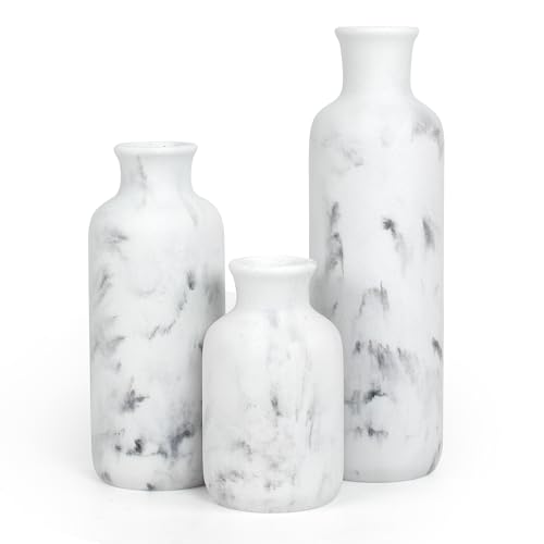 Resin 3 Piece Decorative Vase Set, White Marble Look Farmhouse Home Decor - Rustic Vase Set of 3 Centerpiece, Mantel and Shelf Decor. Boho Style Vases for Kitchen Counter, Bedroom, Office, Living Room